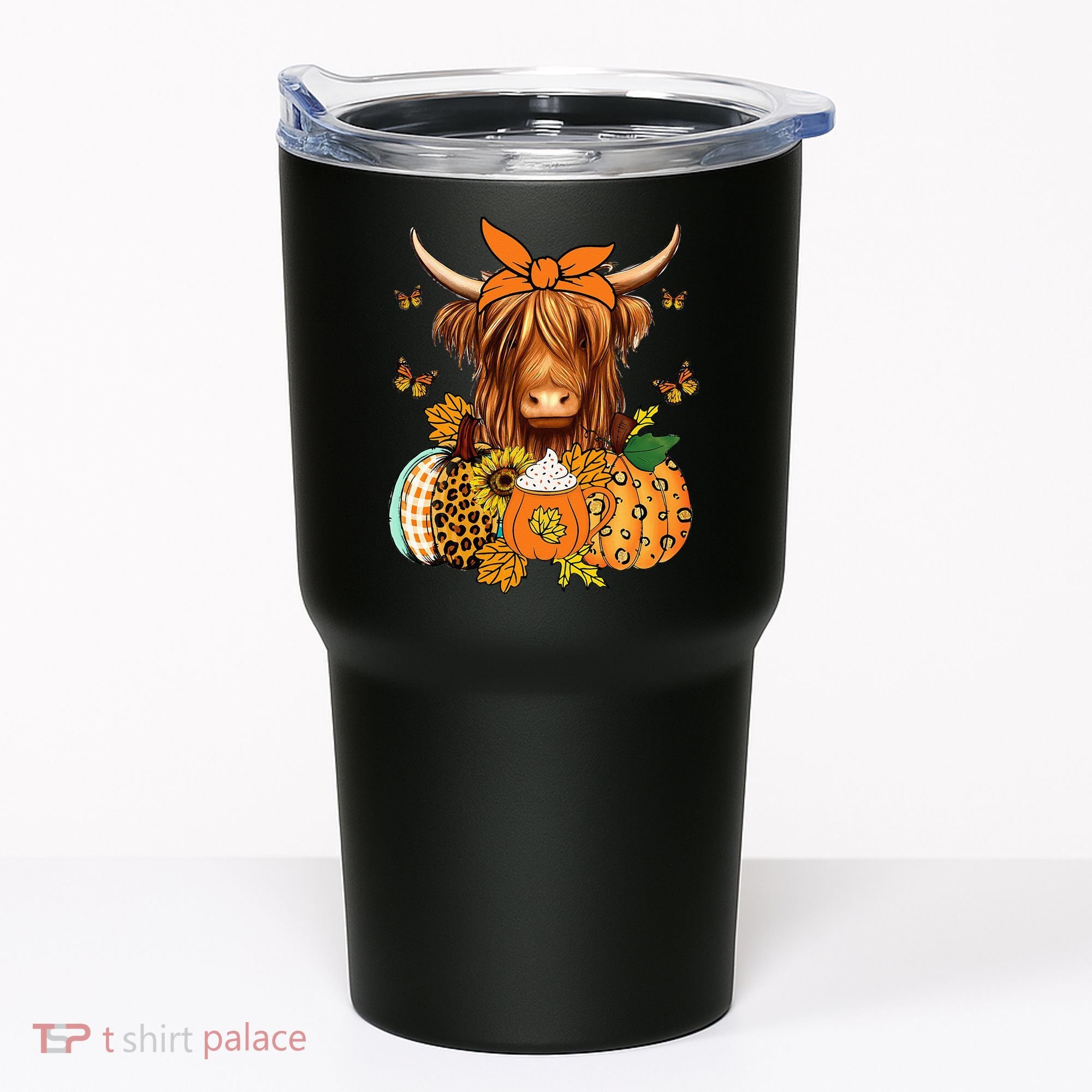 Highland Cow Fall And Leaves Pumpkins Autumn Thanksgiving Tumbler