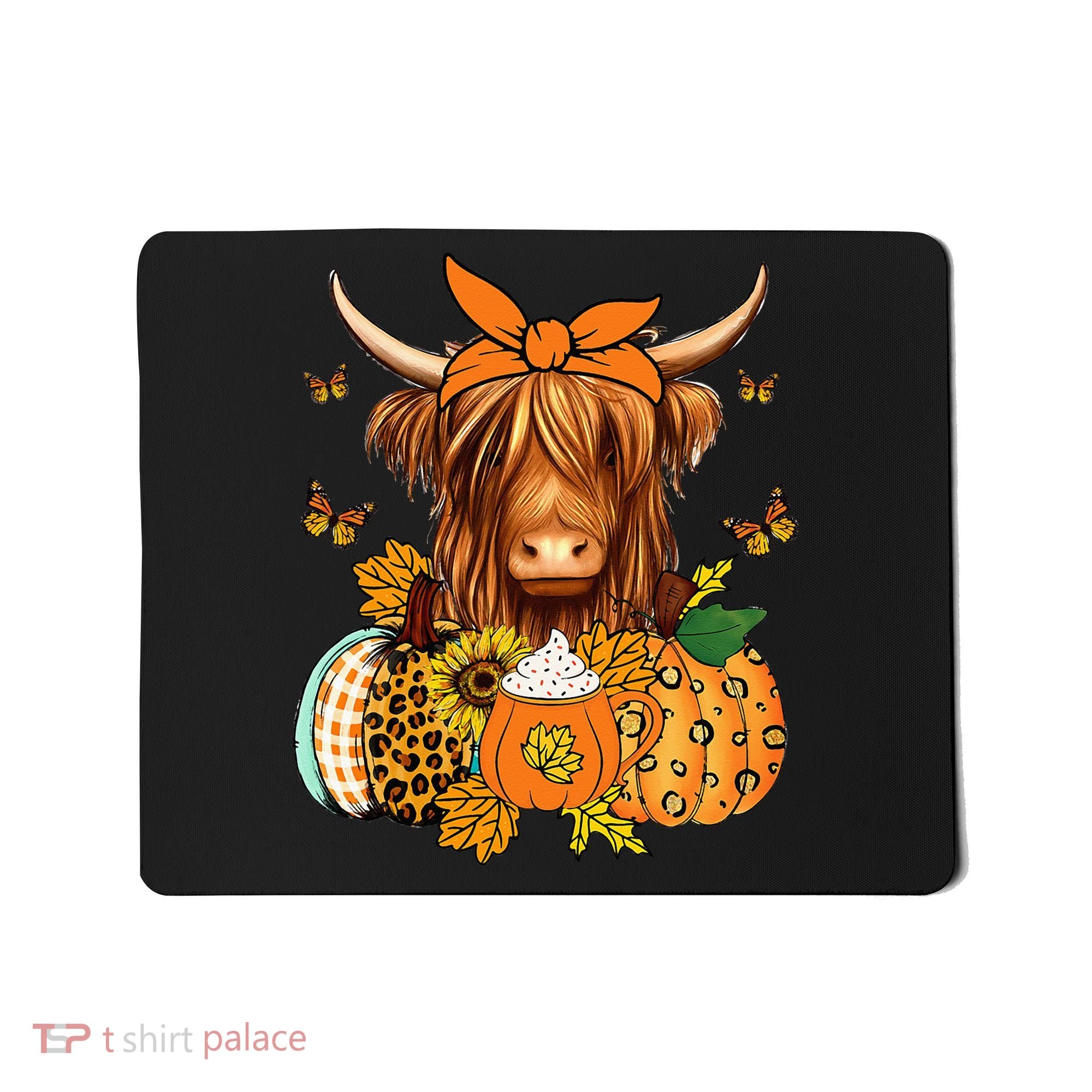 Highland Cow Fall And Leaves Pumpkins Autumn Thanksgiving Mousepad