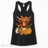 Highland Cow Fall And Leaves Pumpkins Autumn Thanksgiving Women's Tank Top thumb 0