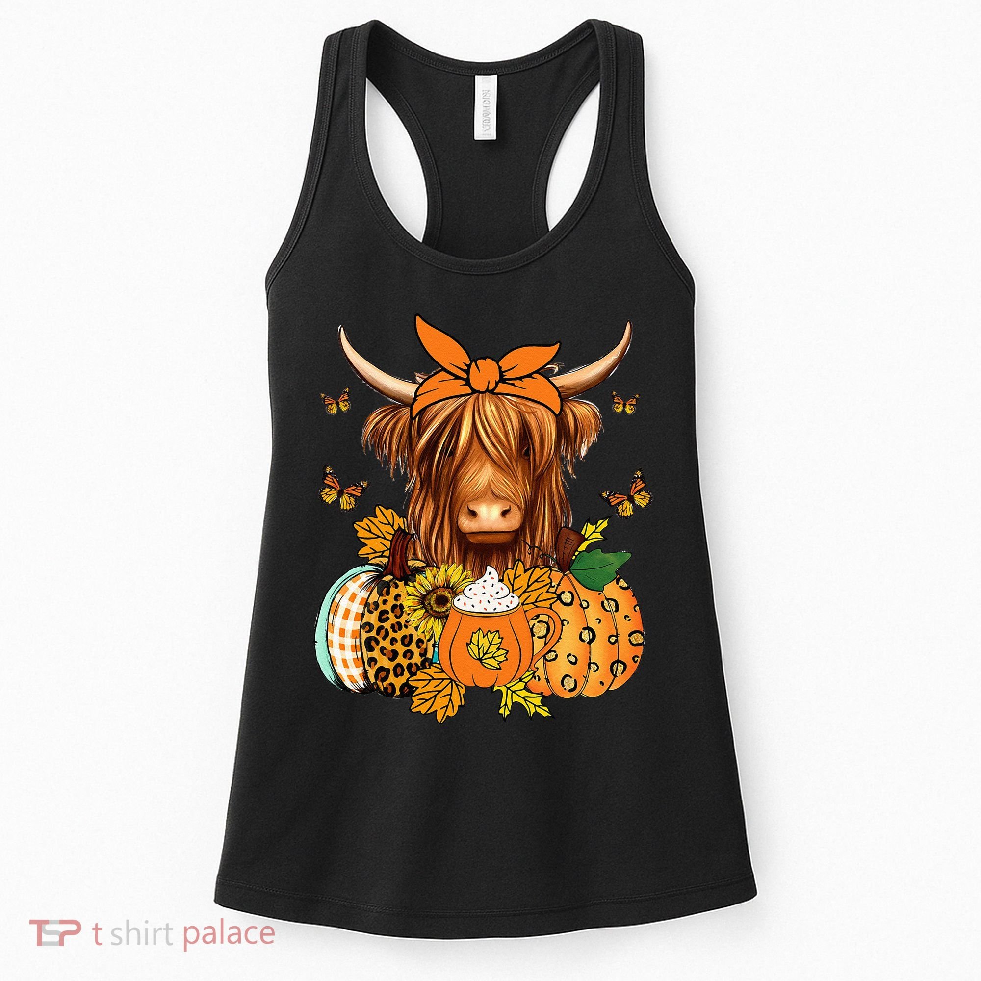 Highland Cow Fall And Leaves Pumpkins Autumn Thanksgiving Women's Tank Top