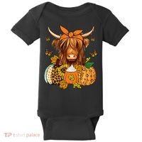 Highland Cow Fall And Leaves Pumpkins Autumn Thanksgiving Baby Bodysuit thumb 0