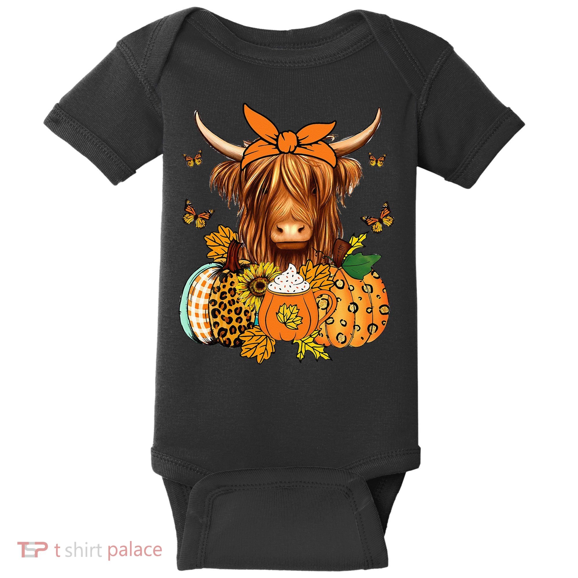 Highland Cow Fall And Leaves Pumpkins Autumn Thanksgiving Baby Bodysuit