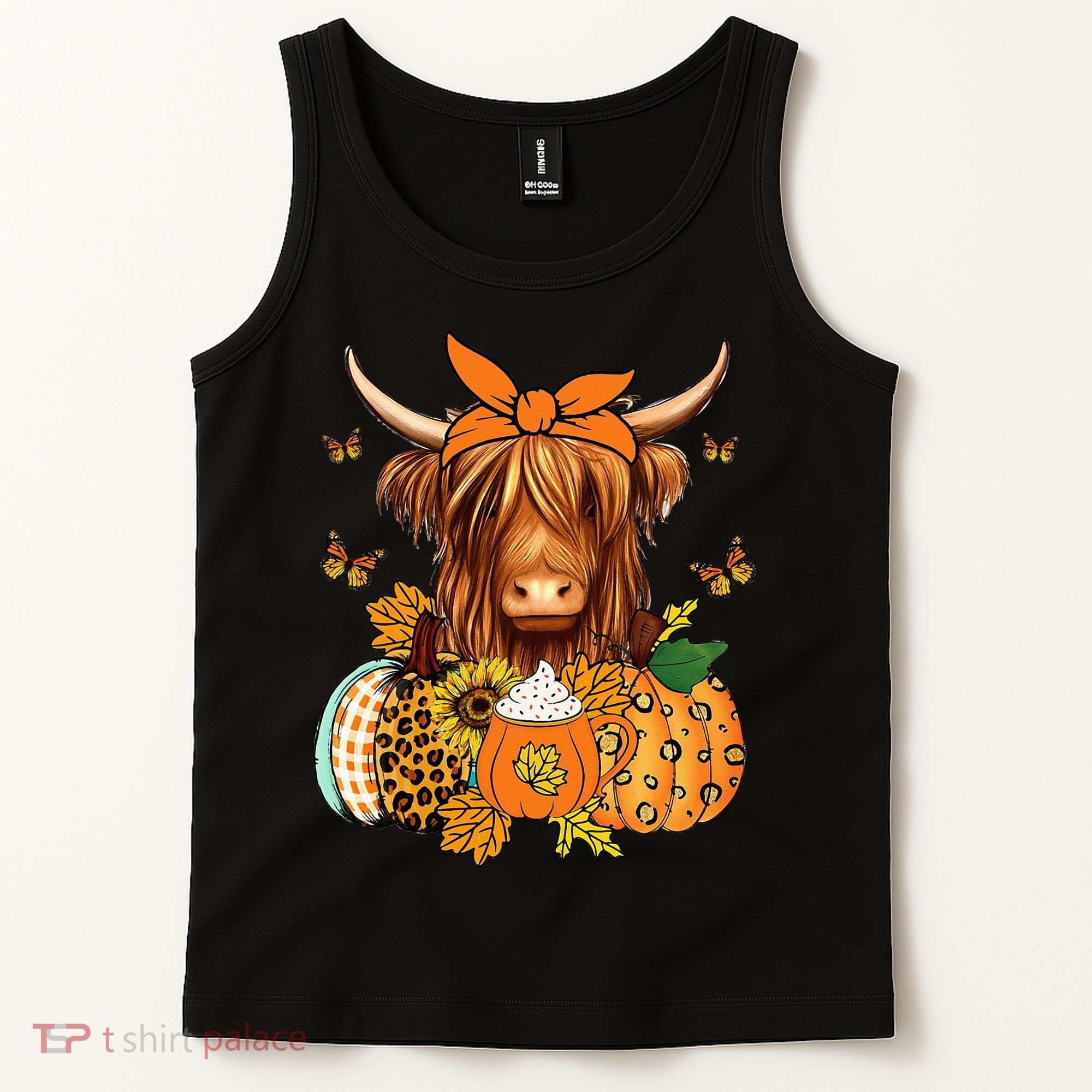 Highland Cow Fall And Leaves Pumpkins Autumn Thanksgiving Tank Top