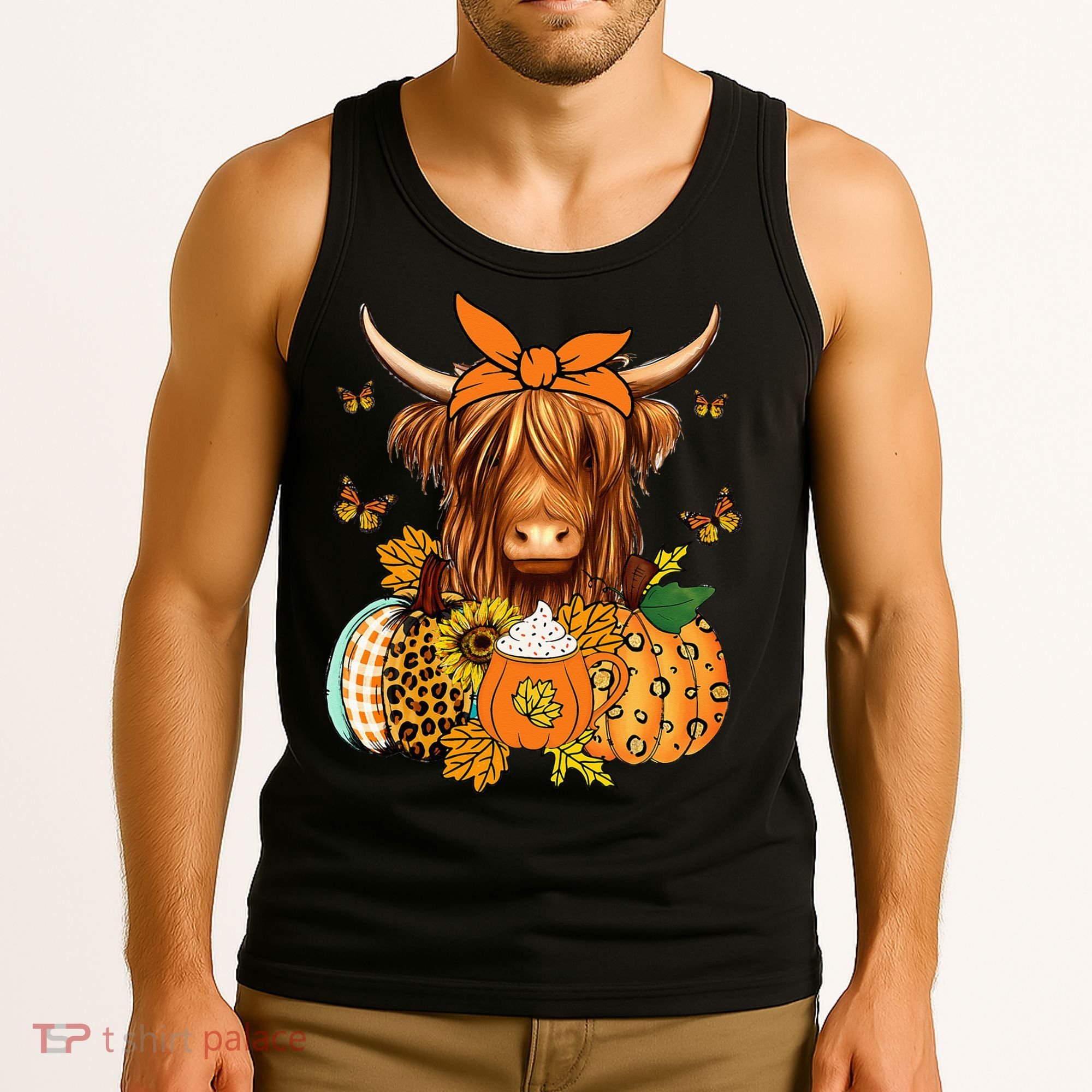 Highland Cow Fall And Leaves Pumpkins Autumn Thanksgiving Tank Top
