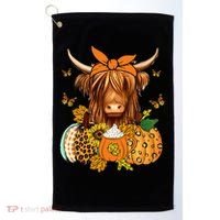 Highland Cow Fall And Leaves Pumpkins Autumn Thanksgiving Golf Towel thumb 0