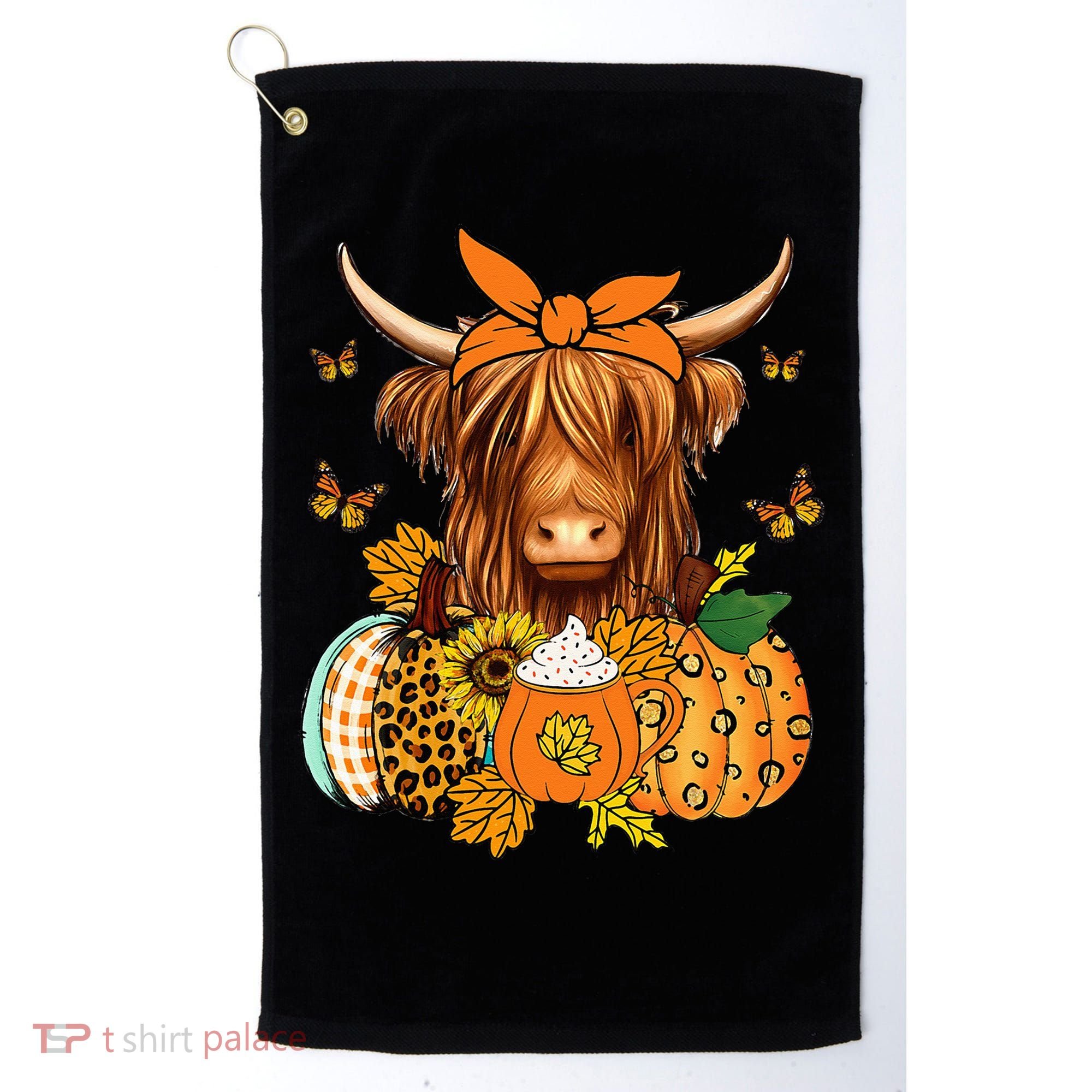 Highland Cow Fall And Leaves Pumpkins Autumn Thanksgiving Golf Towel
