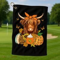Highland Cow Fall And Leaves Pumpkins Autumn Thanksgiving Golf Towel thumb 1