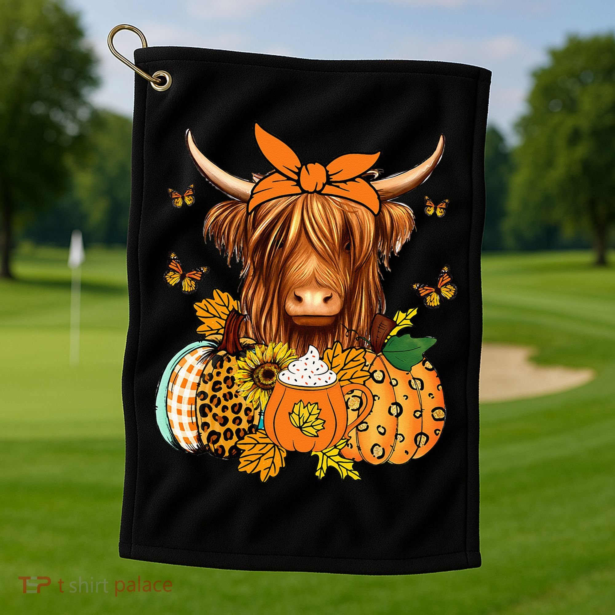 Highland Cow Fall And Leaves Pumpkins Autumn Thanksgiving Golf Towel