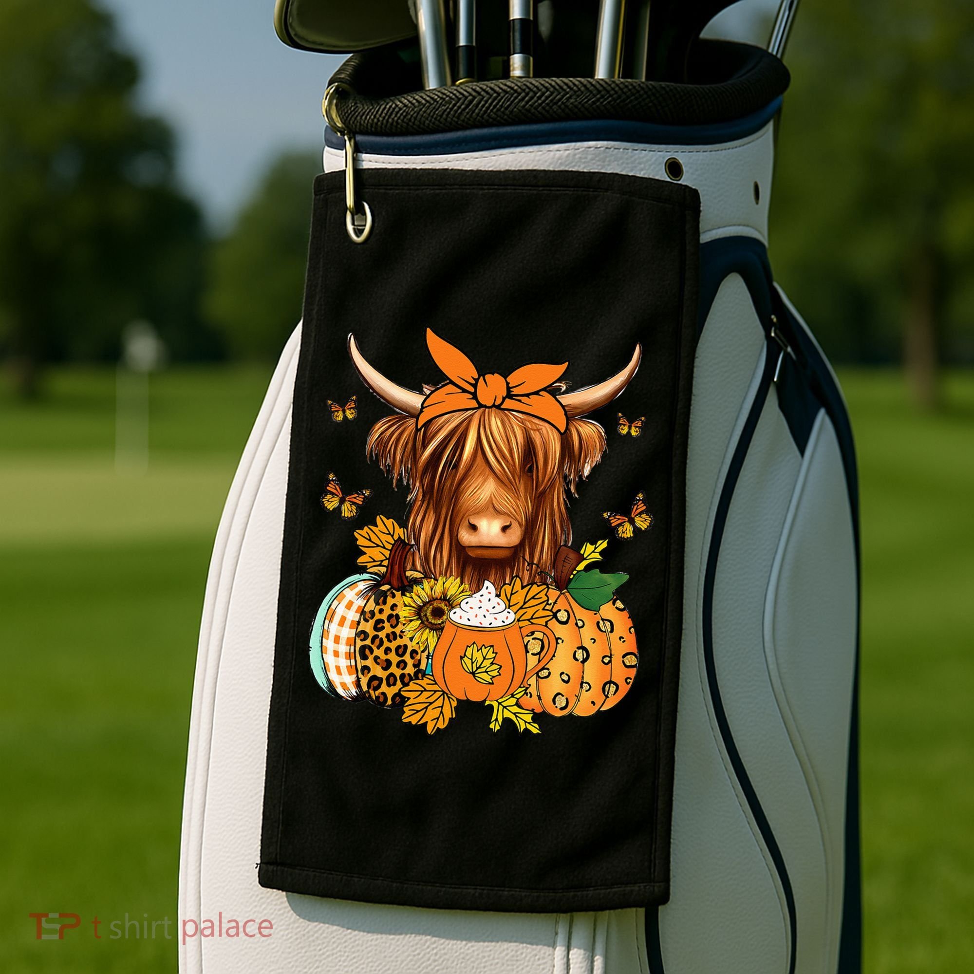 Highland Cow Fall And Leaves Pumpkins Autumn Thanksgiving Golf Towel