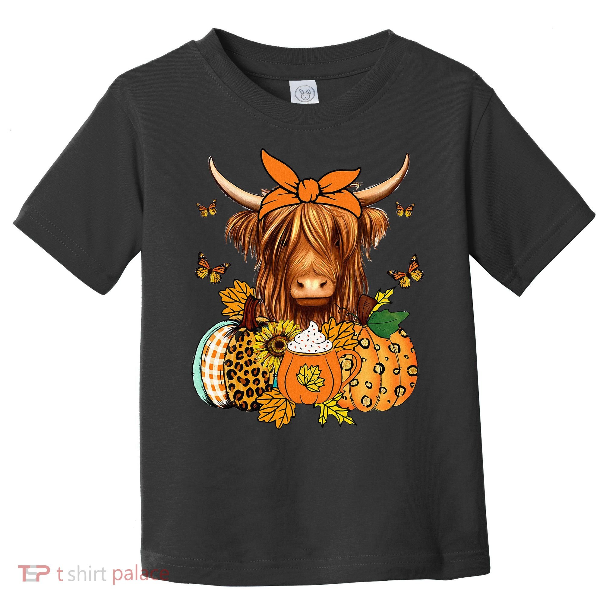 Highland Cow Fall And Leaves Pumpkins Autumn Thanksgiving Toddler T-Shirt