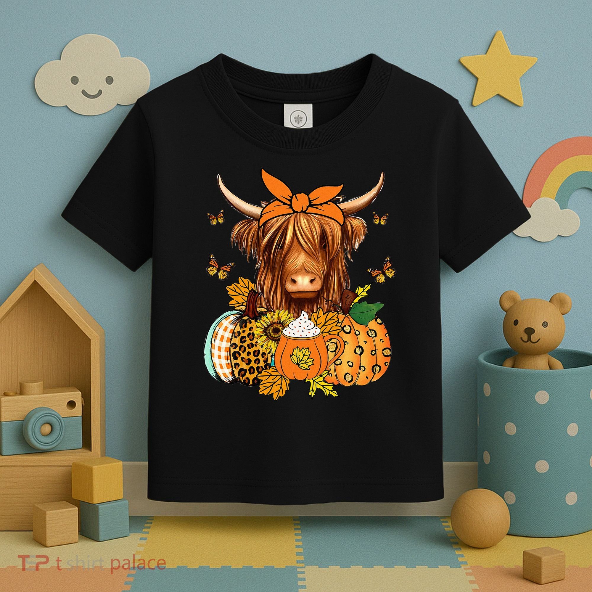 Highland Cow Fall And Leaves Pumpkins Autumn Thanksgiving Toddler T-Shirt