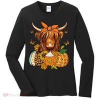 Highland Cow Fall And Leaves Pumpkins Autumn Thanksgiving Women's Long Sleeve Shirt thumb 0