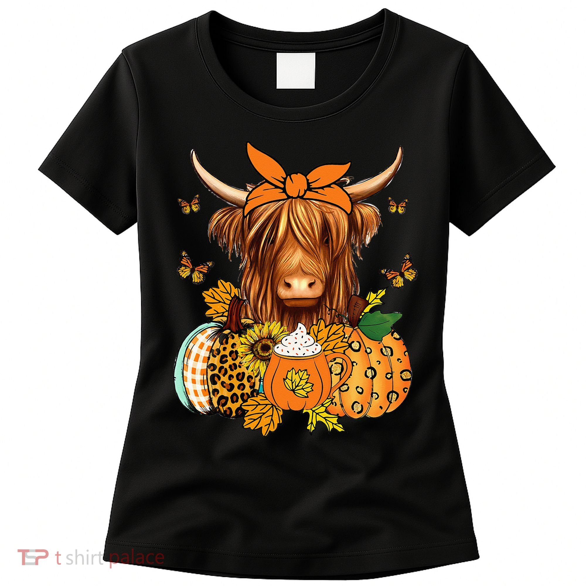 Highland Cow Fall And Leaves Pumpkins Autumn Thanksgiving Women's T-Shirt