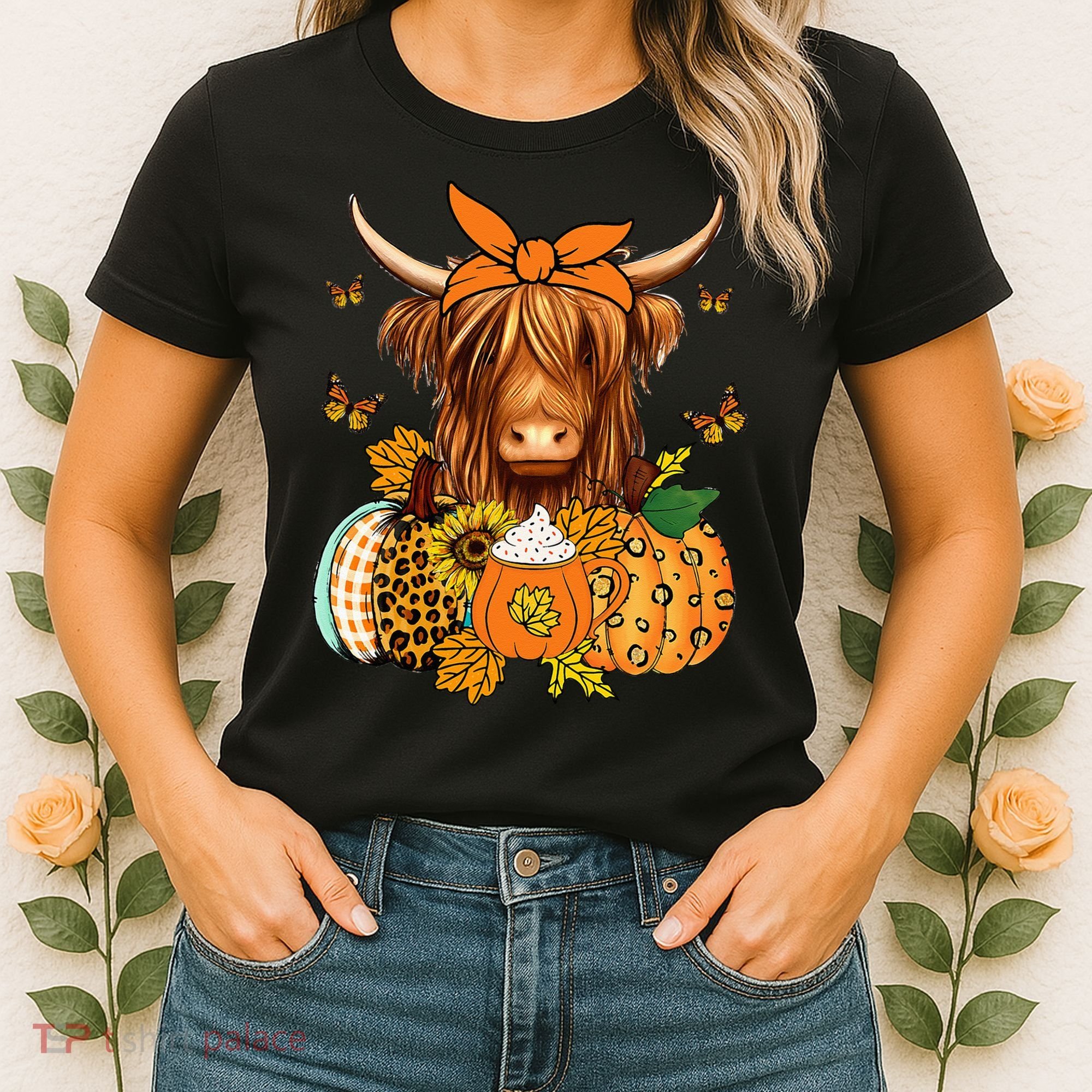 Highland Cow Fall And Leaves Pumpkins Autumn Thanksgiving Women's T-Shirt