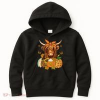 Highland Cow Fall And Leaves Pumpkins Autumn Thanksgiving Kids Hoodie thumb 0