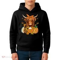 Highland Cow Fall And Leaves Pumpkins Autumn Thanksgiving Kids Hoodie thumb 4