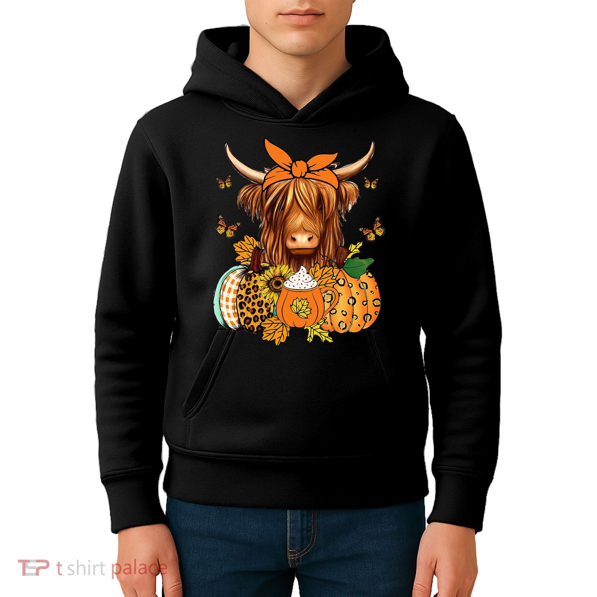 Highland Cow Fall And Leaves Pumpkins Autumn Thanksgiving Kids Hoodie
