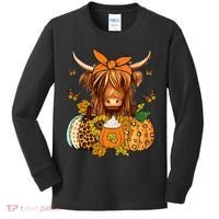 Highland Cow Fall And Leaves Pumpkins Autumn Thanksgiving Kids Long Sleeve Shirt thumb 0