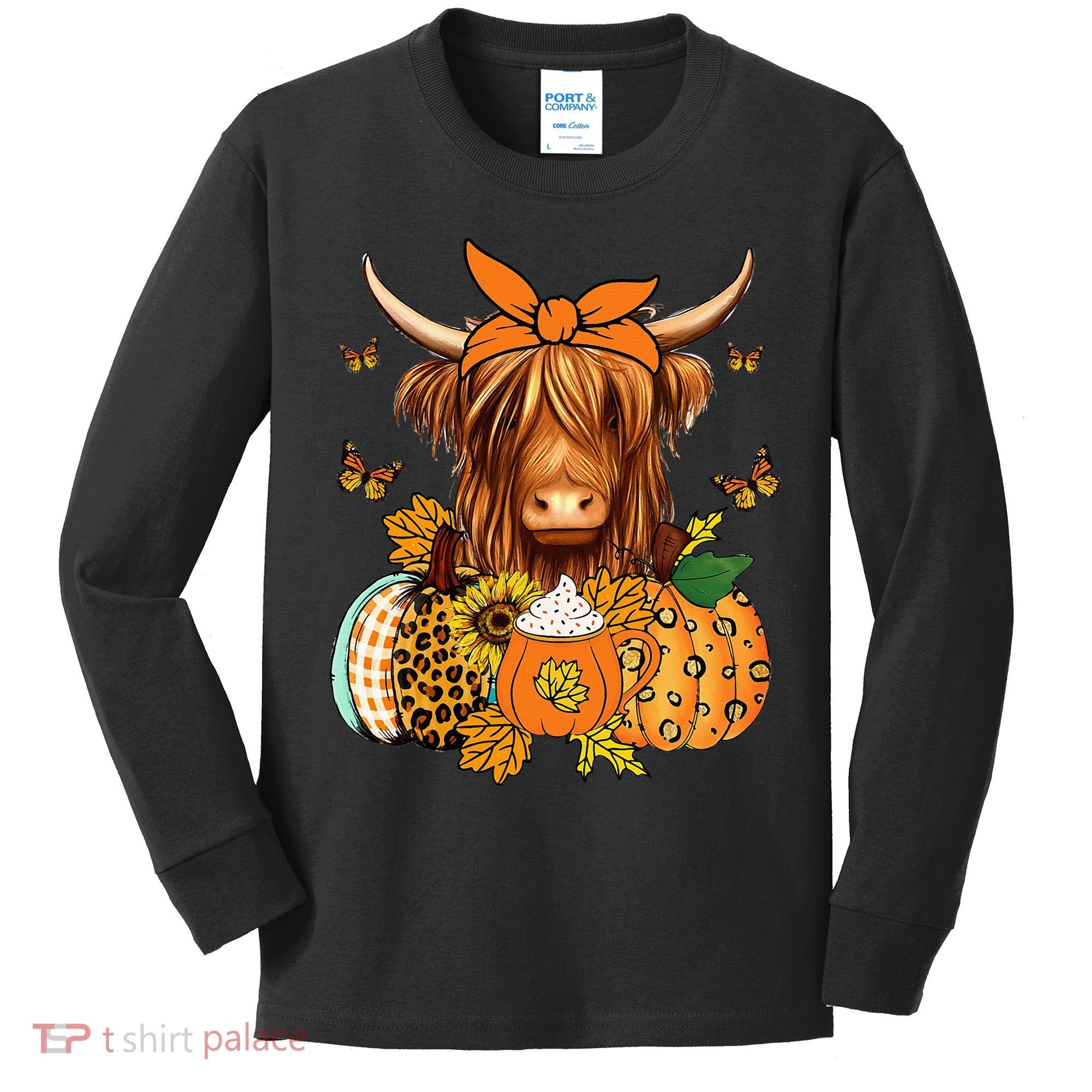 Highland Cow Fall And Leaves Pumpkins Autumn Thanksgiving Kids Long Sleeve Shirt