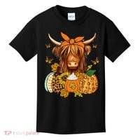 Highland Cow Fall And Leaves Pumpkins Autumn Thanksgiving Kids T-Shirt thumb 0
