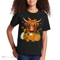 Highland Cow Fall And Leaves Pumpkins Autumn Thanksgiving Kids T-Shirt thumb 2