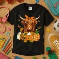 Highland Cow Fall And Leaves Pumpkins Autumn Thanksgiving Kids T-Shirt thumb 3