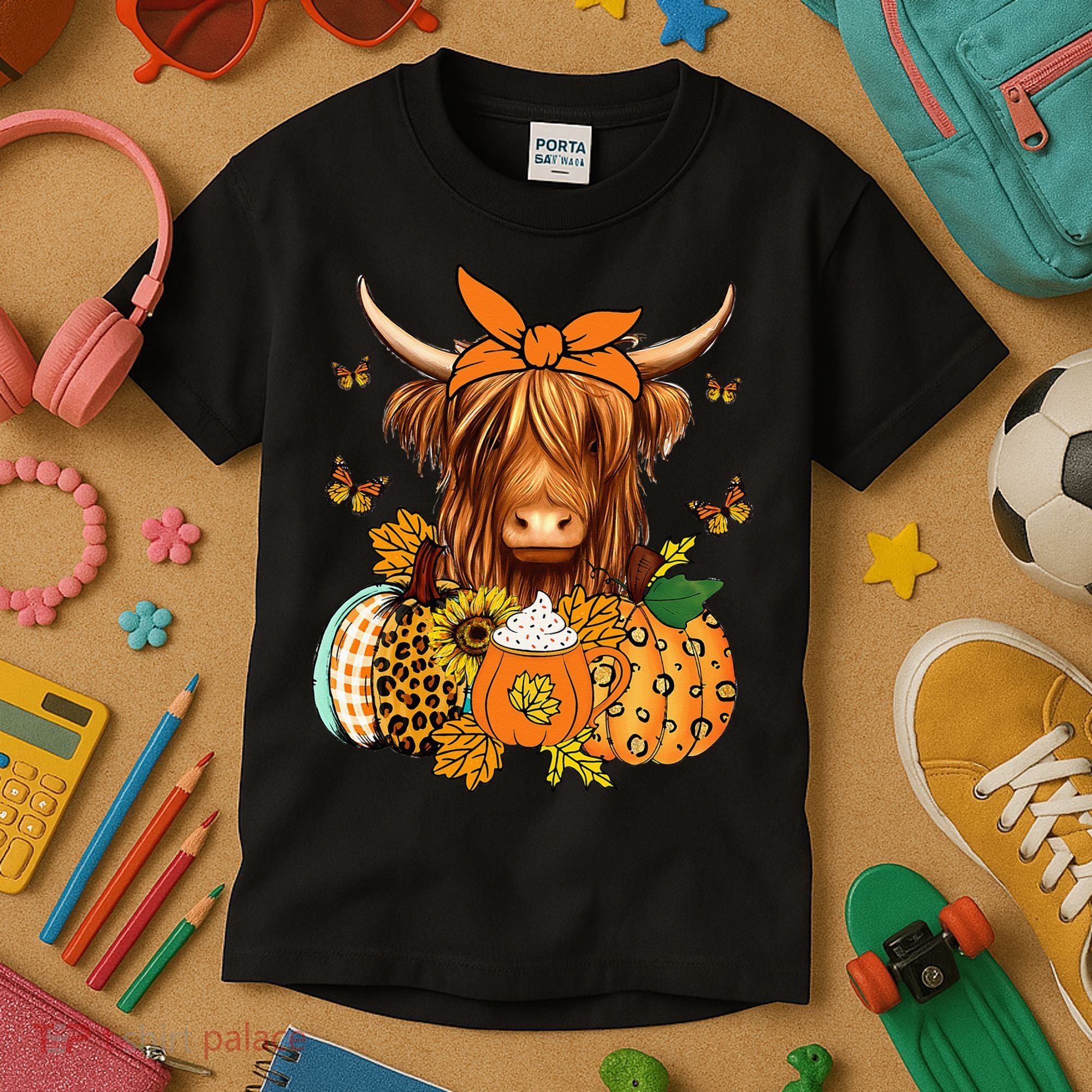 Highland Cow Fall And Leaves Pumpkins Autumn Thanksgiving Kids T-Shirt