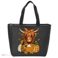 Highland Cow Fall And Leaves Pumpkins Autumn Thanksgiving Tote Bag thumb 0