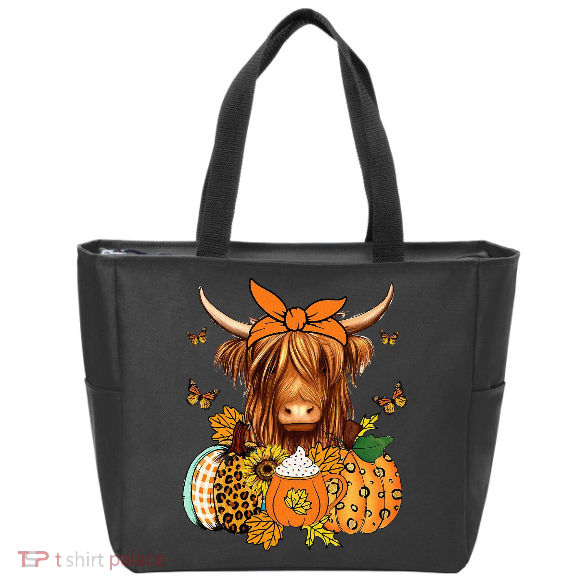 Highland Cow Fall And Leaves Pumpkins Autumn Thanksgiving Tote Bag