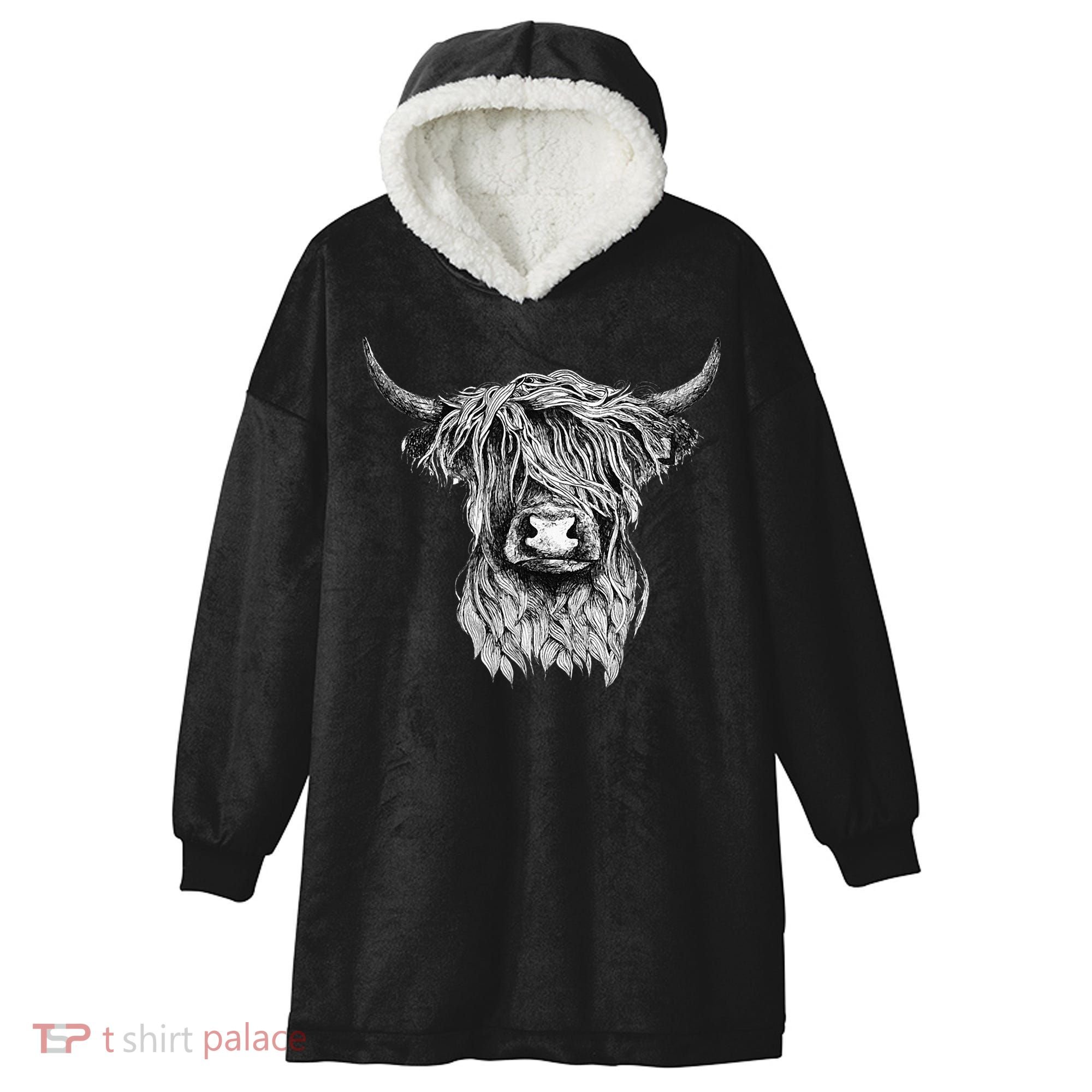 Highland Cow Hand Drawn Illustration Hooded Wearable Blanket