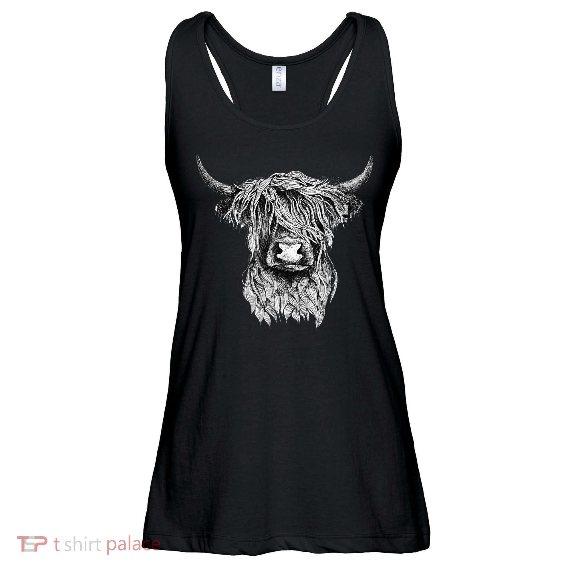 Highland Cow Hand Drawn Illustration Ladies Essential Flowy Tank