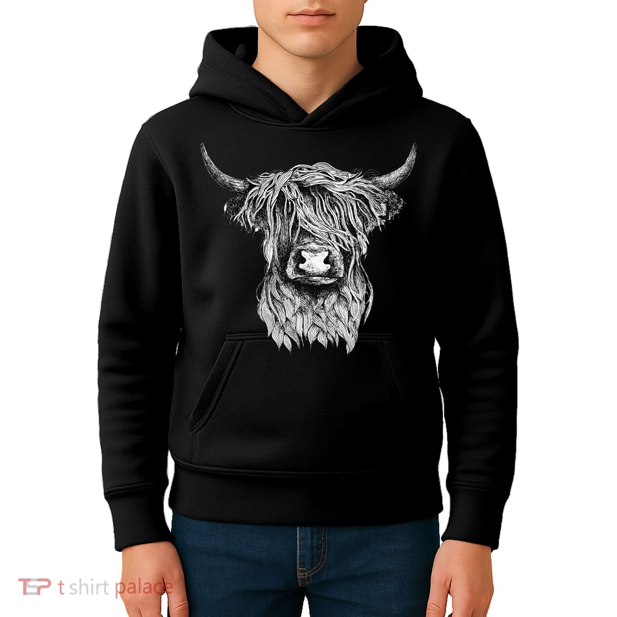 Highland Cow Hand Drawn Illustration Kids Hoodie