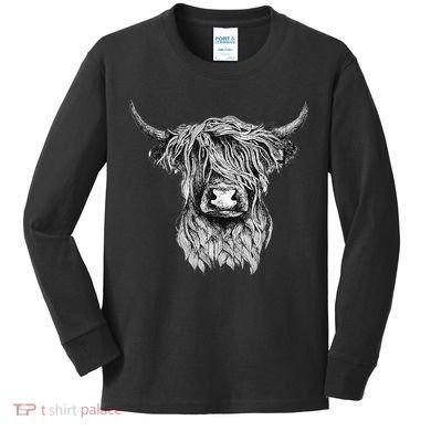Highland Cow Hand Drawn Illustration Kids Long Sleeve Shirt