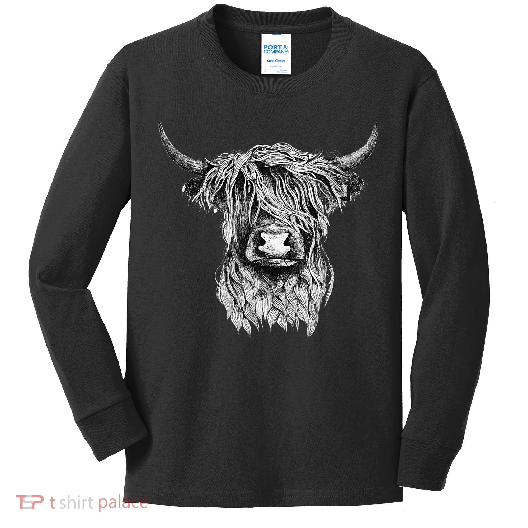 Highland Cow Hand Drawn Illustration Kids Long Sleeve Shirt