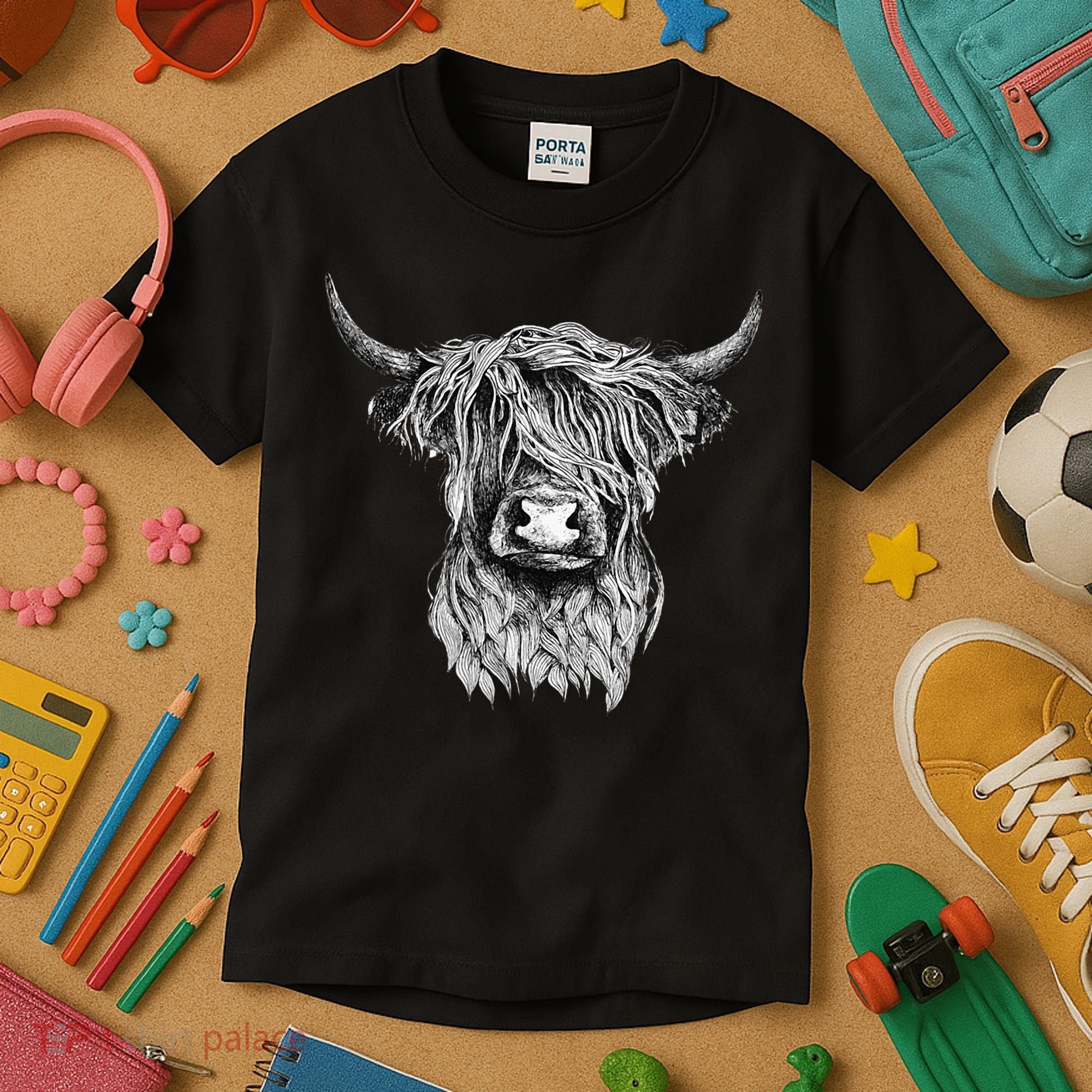Highland Cow Hand Drawn Illustration Kids T-Shirt