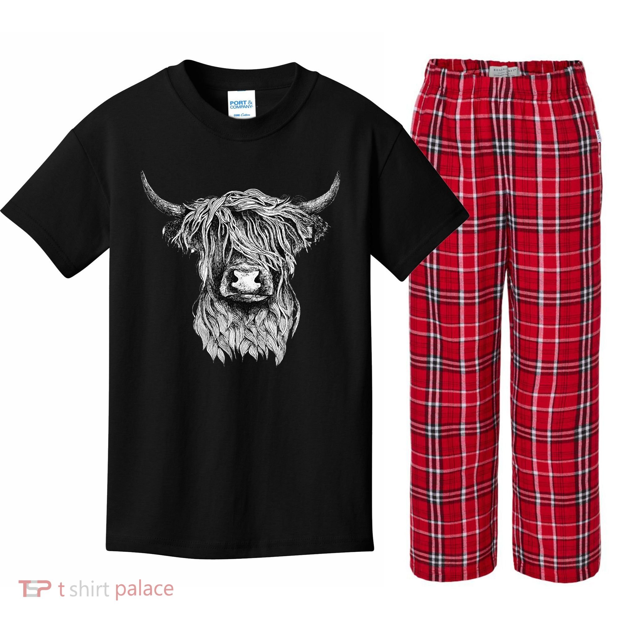 Highland Cow Hand Drawn Illustration Kids Plaid Pajama Set