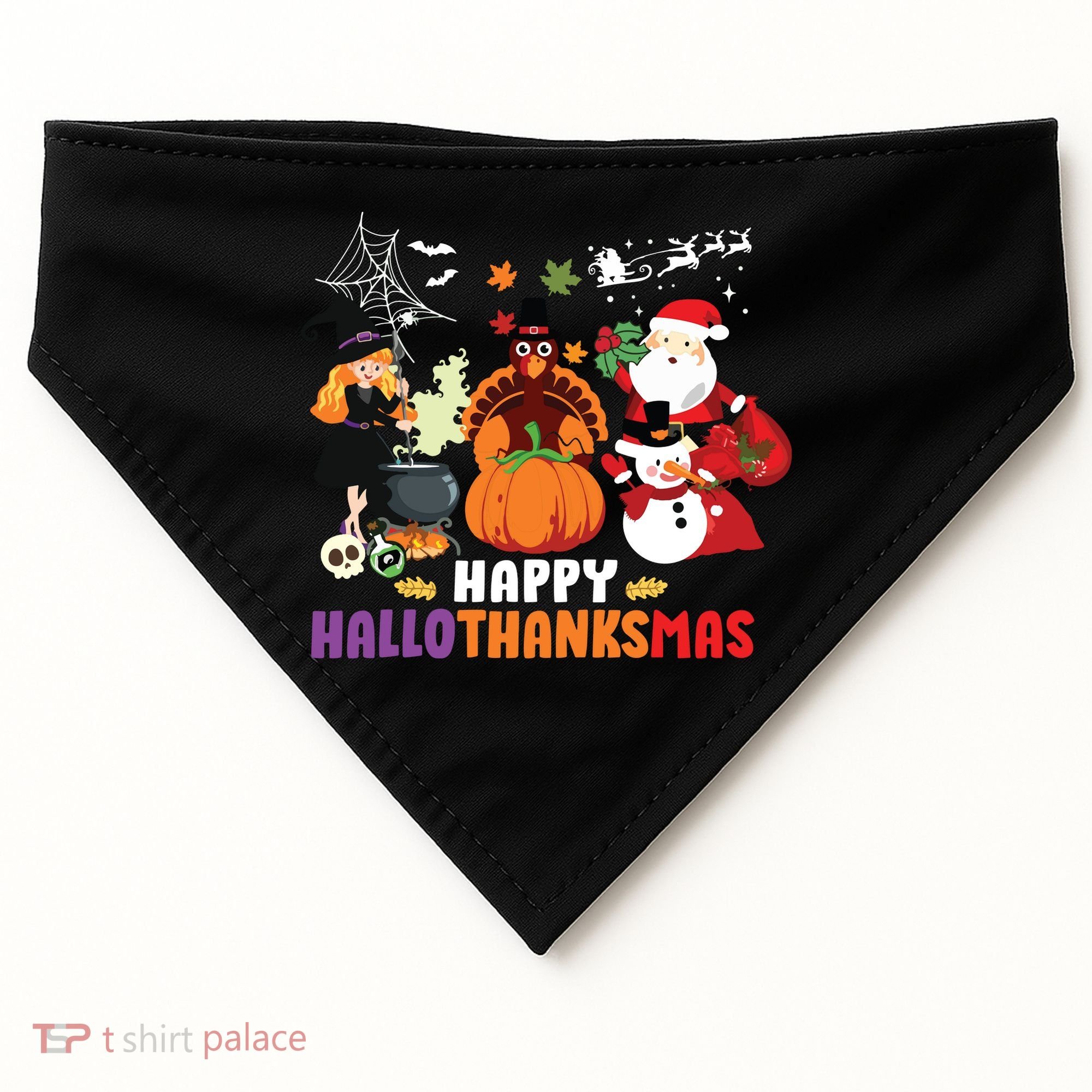 Halloween Christmas Happy Hallothanksmas Thanksgiving USA-Made Doggie Bandana