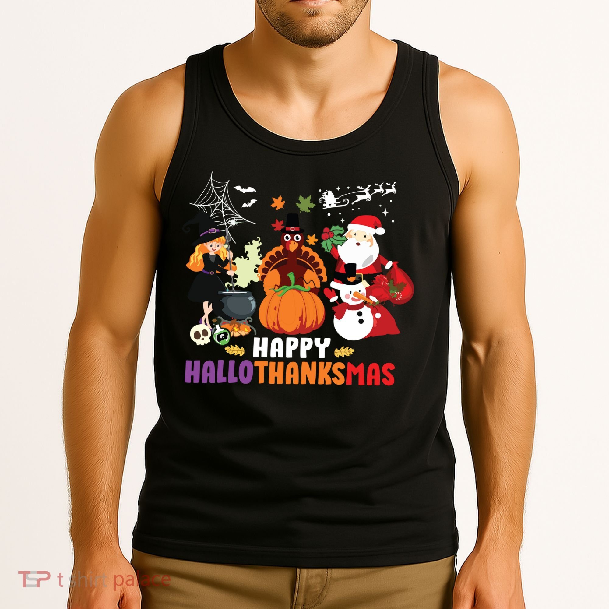 Halloween Christmas Happy Hallothanksmas Thanksgiving Tank Top