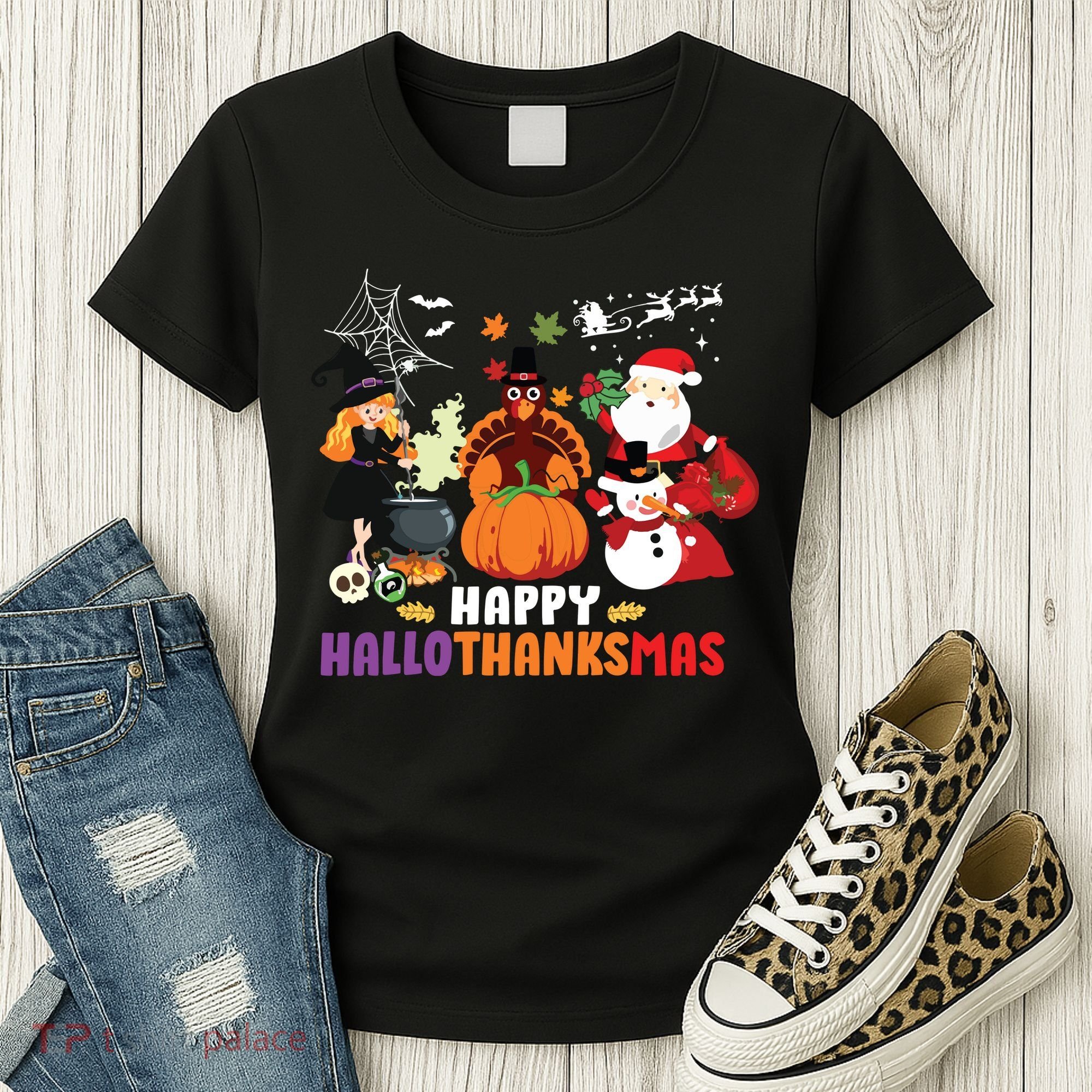 Halloween Christmas Happy Hallothanksmas Thanksgiving Women's T-Shirt