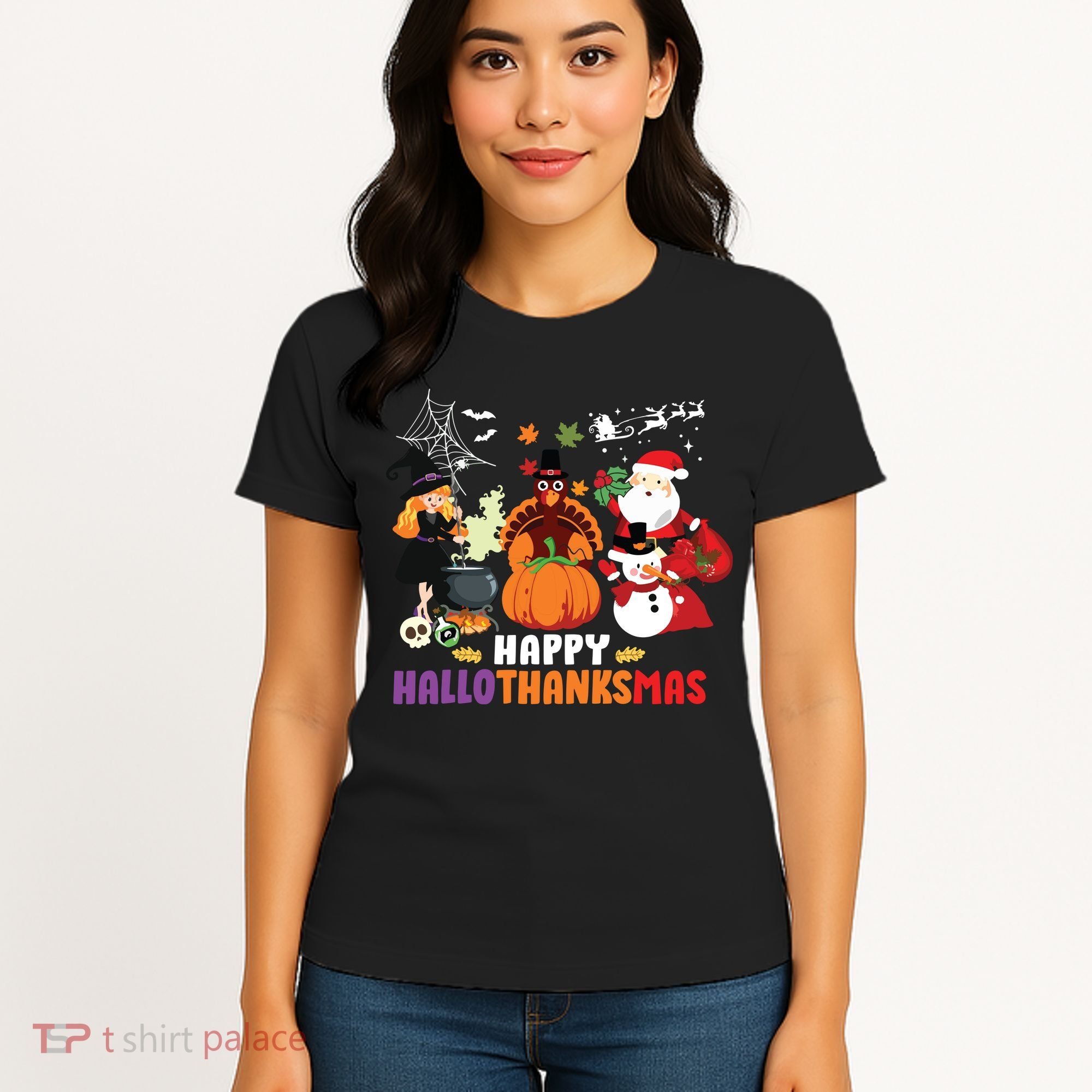 Halloween Christmas Happy Hallothanksmas Thanksgiving Women's T-Shirt