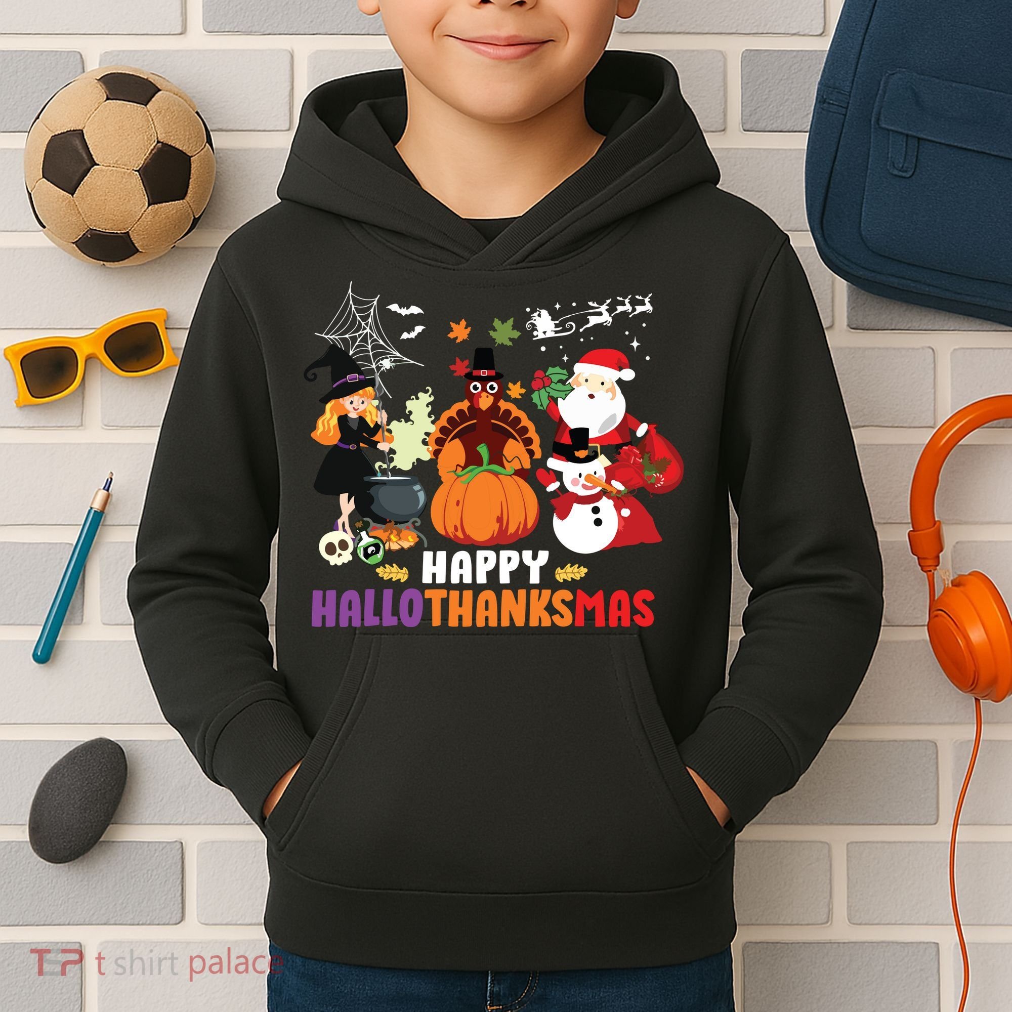 Halloween Christmas Happy Hallothanksmas Thanksgiving Kids Hoodie