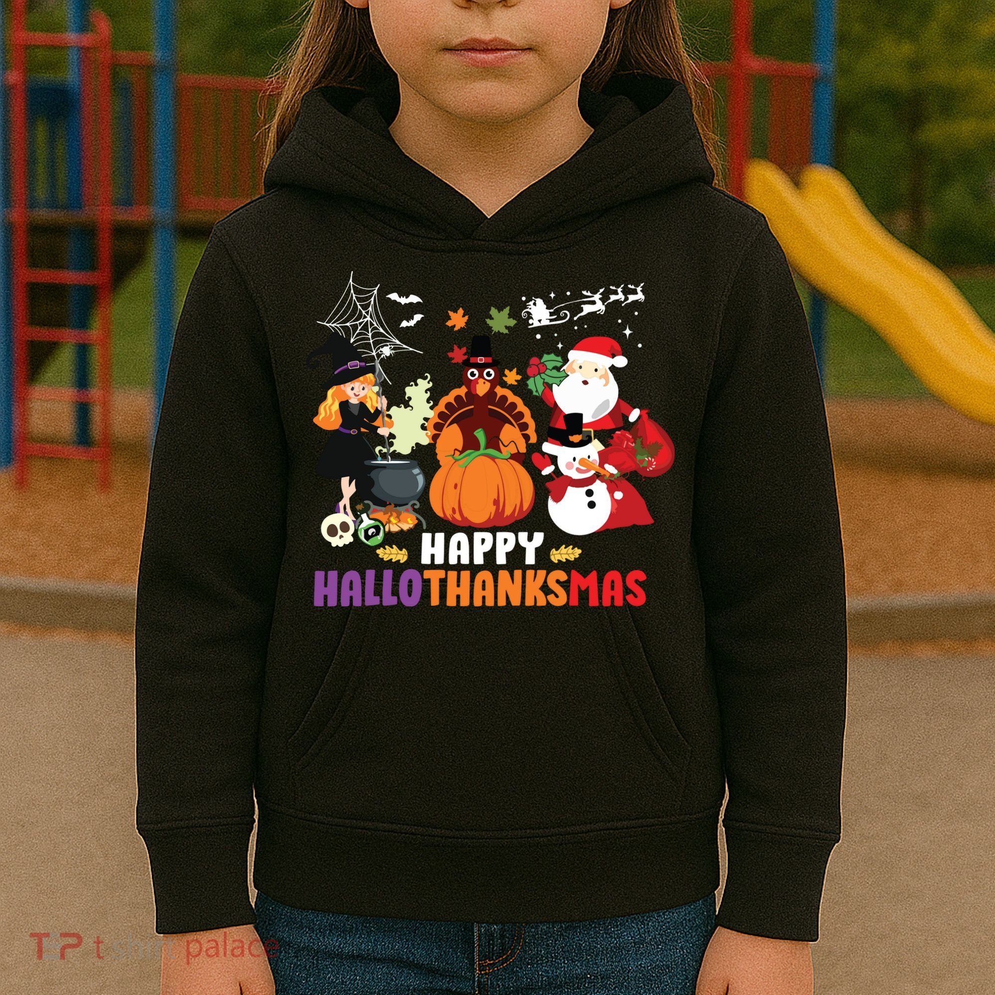 Halloween Christmas Happy Hallothanksmas Thanksgiving Kids Hoodie