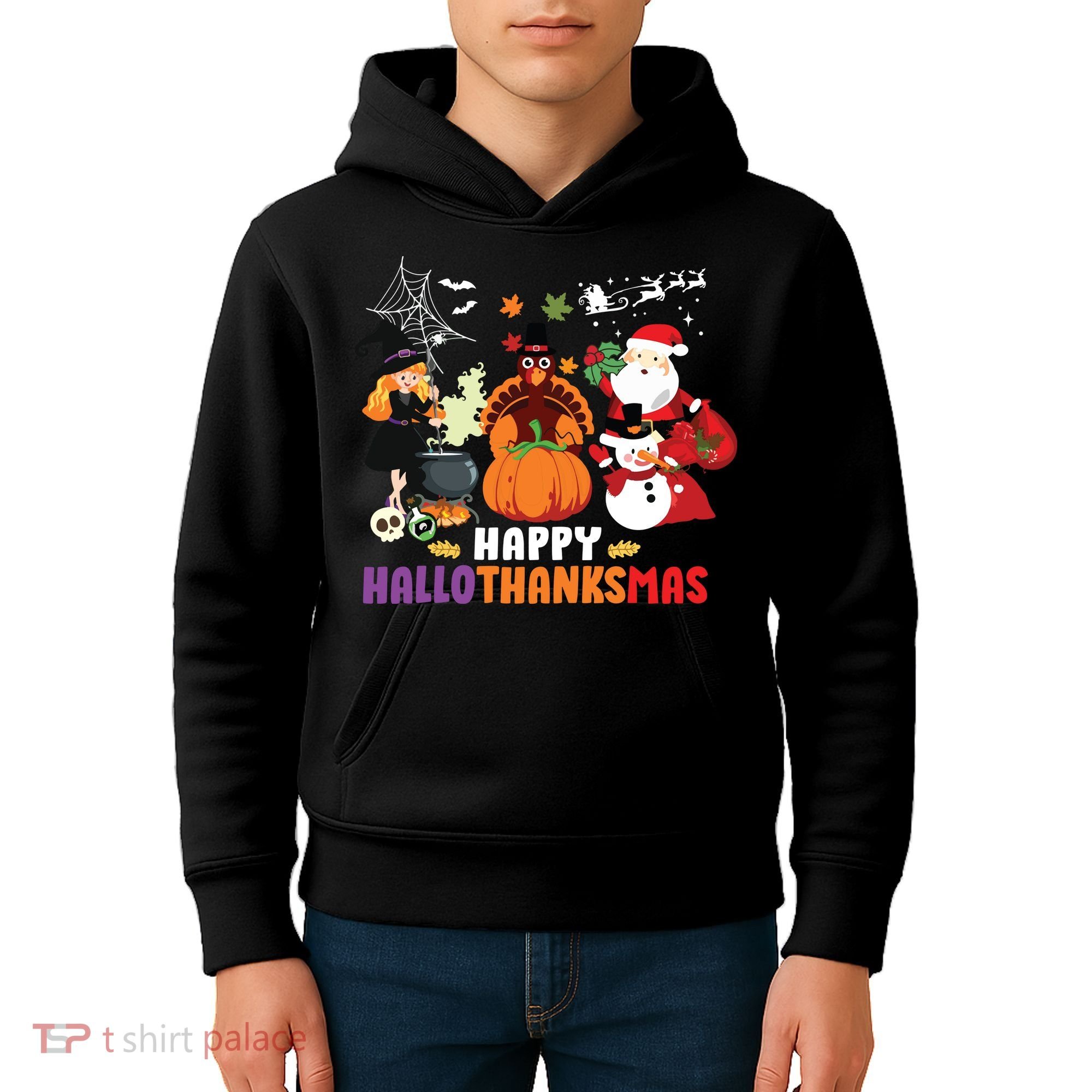 Halloween Christmas Happy Hallothanksmas Thanksgiving Kids Hoodie