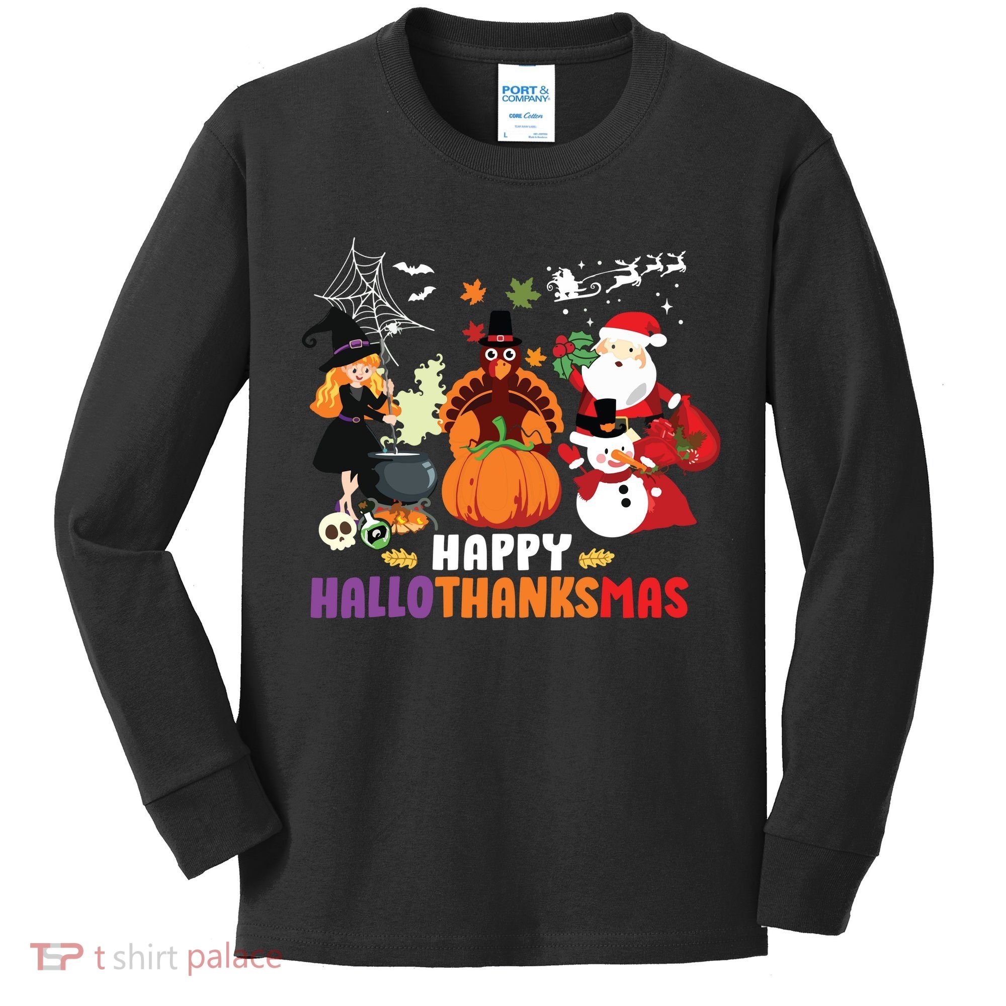 Halloween Christmas Happy Hallothanksmas Thanksgiving Kids Long Sleeve Shirt