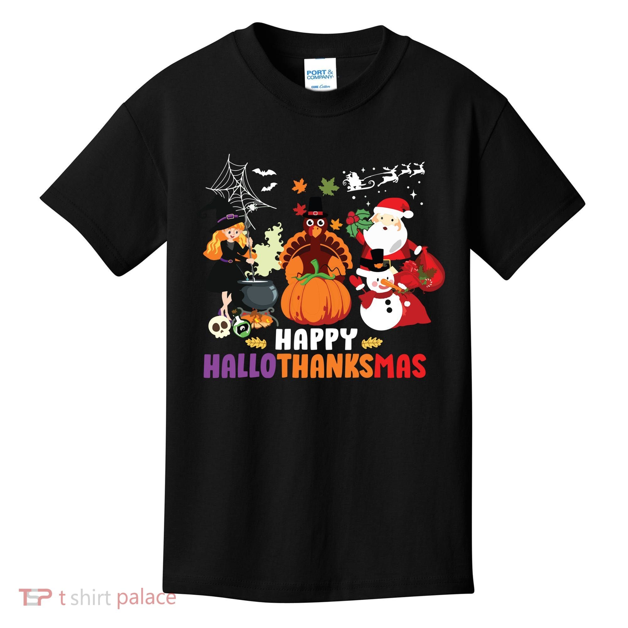 Halloween Christmas Happy Hallothanksmas Thanksgiving Kids T-Shirt
