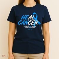 He Can Heal Cancer Colon Cancer Awareness Blue Ribbon T-Shirt thumb 4
