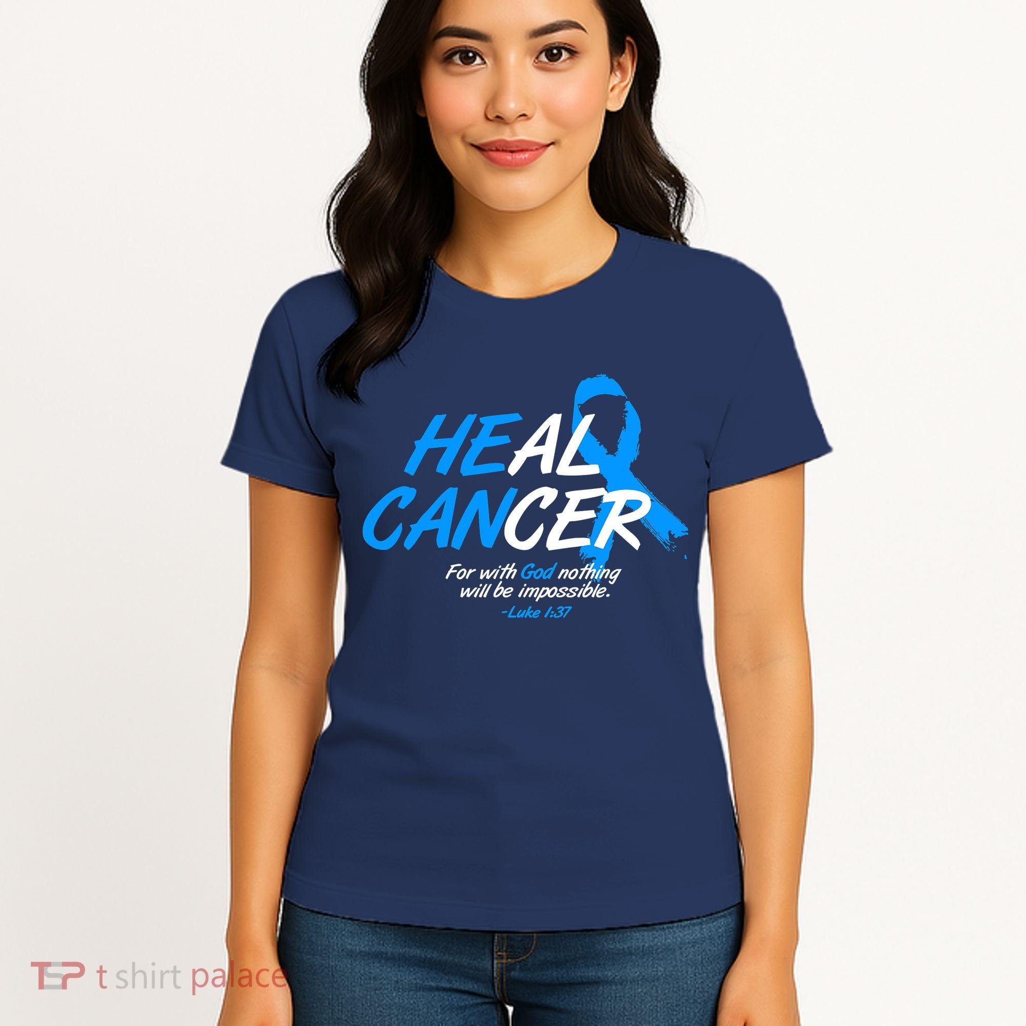 He Can Heal Cancer Colon Cancer Awareness Blue Ribbon Women's T-Shirt