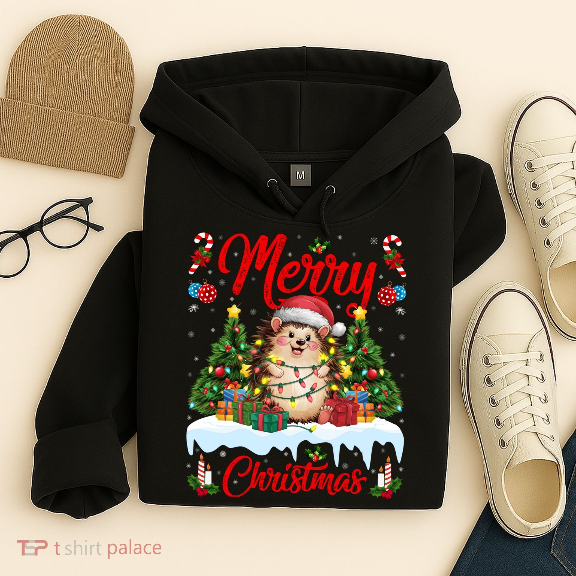 Hedgehog Christmas Hedgehog Xmas Tree Lighting Santa Hat Hoodie