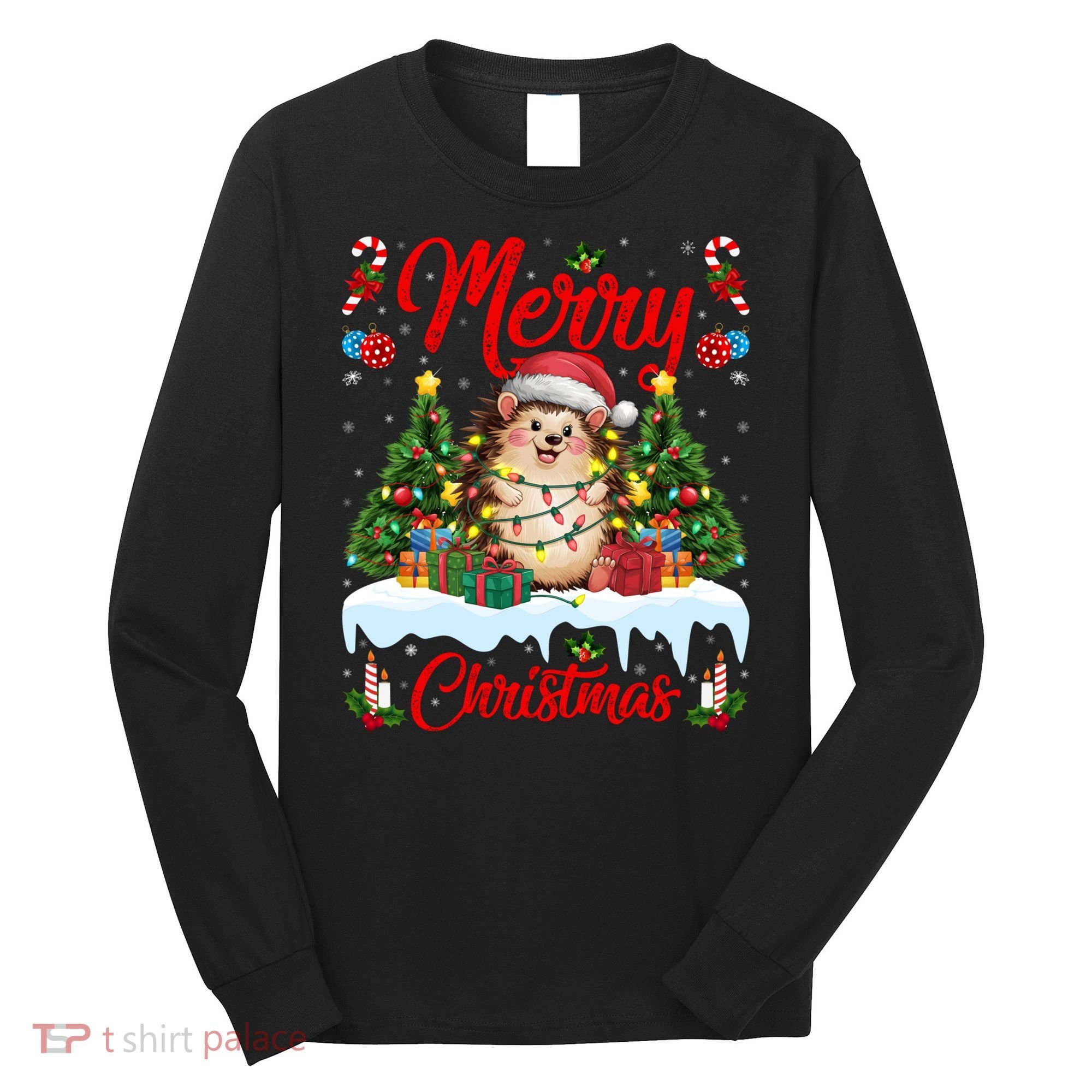 Hedgehog Christmas Hedgehog Xmas Tree Lighting Santa Hat Long Sleeve Shirt