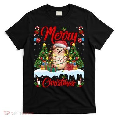 Hedgehog Christmas Hedgehog Xmas Tree Lighting Santa Hat T-Shirt
